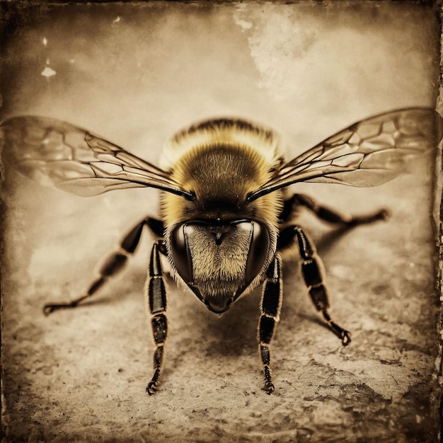 a bee with a yellow head and a black and white image of a bee