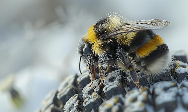 a bee with a yellow head and black wings on its back