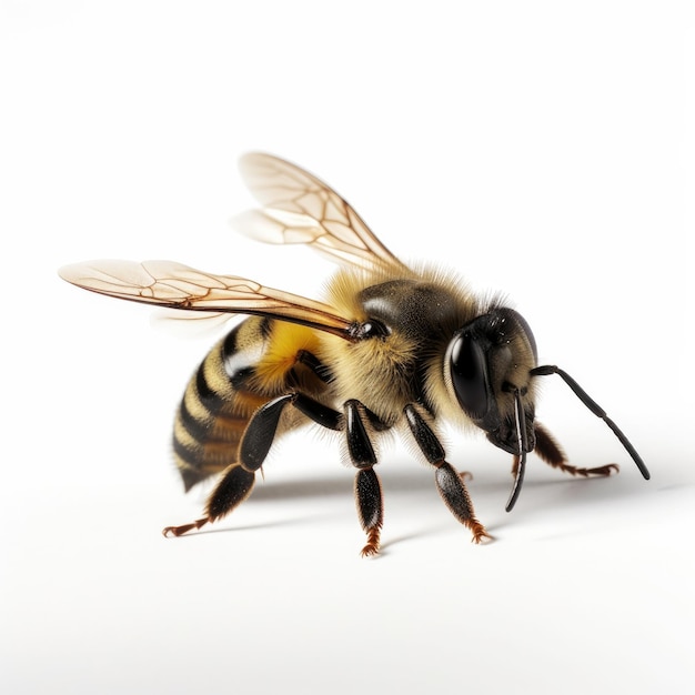 A bee with a yellow and white wings is walking on a white surface.