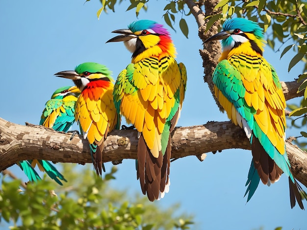 beeeaters with multicolored feathers sitting on the tree branch