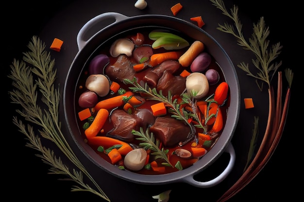 Beef bourguignon meat stew with vegetables mushrooms and red wine in a pot black background