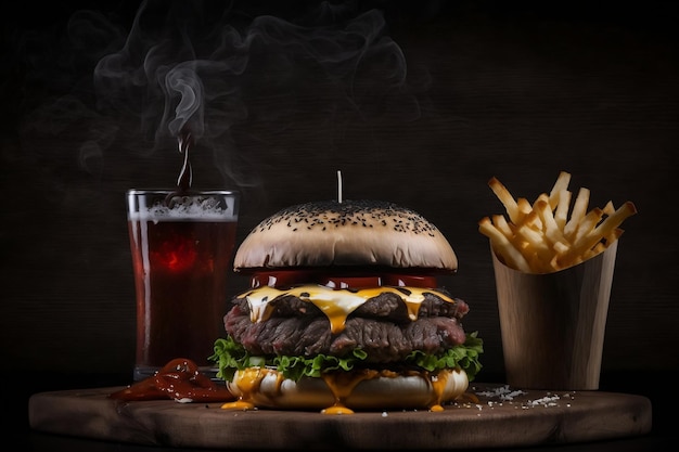 Beef Burger and French Fries Served on Wooden Table with Melted Cheese Isolated on Black Background Generative AI