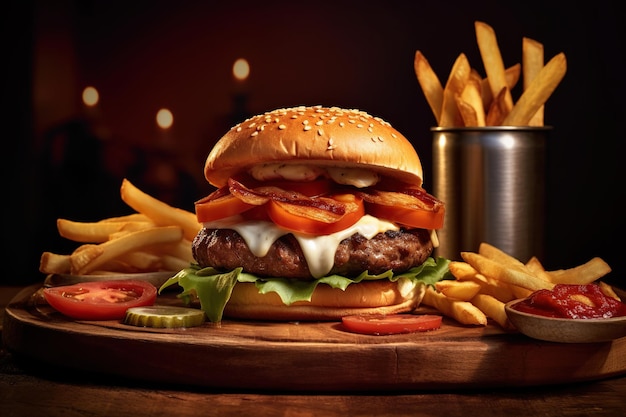 Beef burger and fries