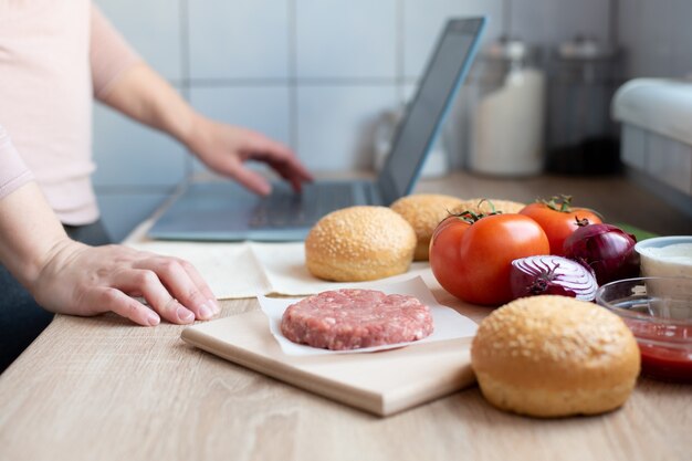 Beef burger at home on the kitchen table