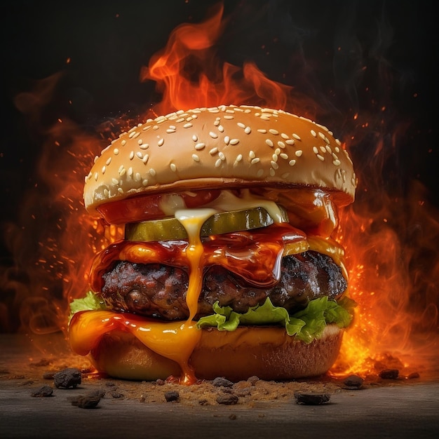 Beef burger with fire background Burger in fire juicy cheesy burger in fire flames