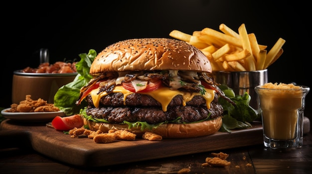 Beef burger with fries cheese and tomato