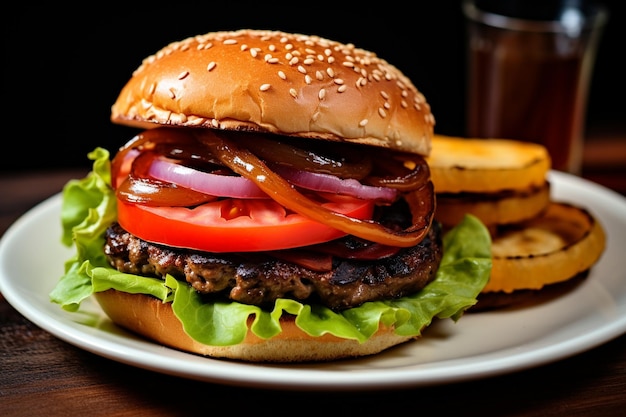 Beef burger with mushroom bell pepper tomato lettuce and caramelized onion