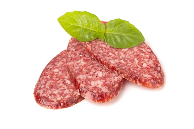 Beef Dried smoked Salami sausage sliced in closeup isolated on a white background