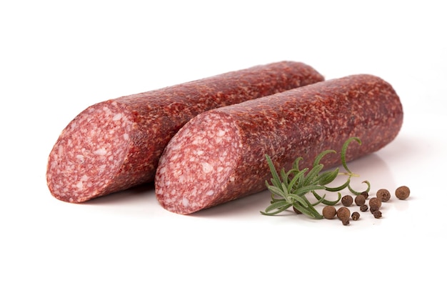 Beef Dried Smoked Sausage Salami closeup isolated on a white background