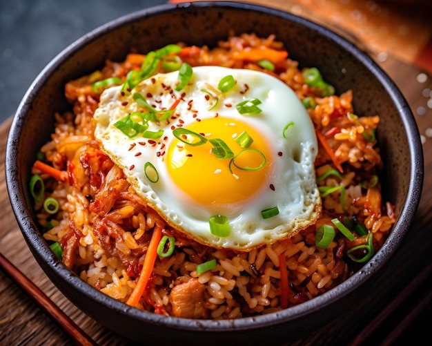 Beef and egg in a spicy kimchi fried rice recipe Generative AI