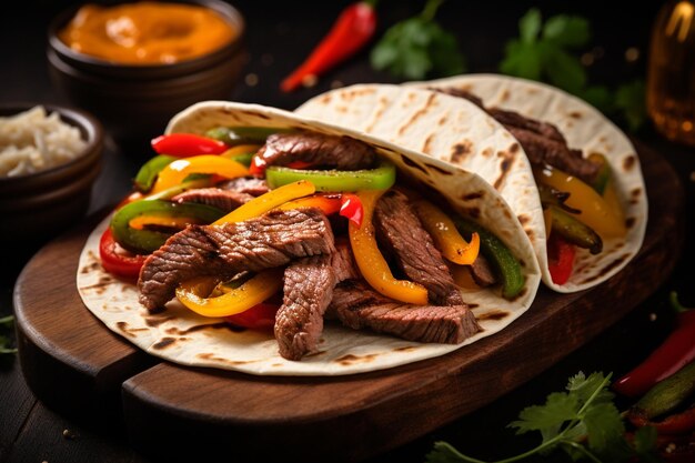 Beef fajitas with colorful bell peppers on a table