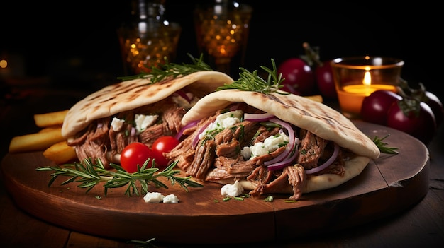 beef kebab with greek yogurt sauce and french fries