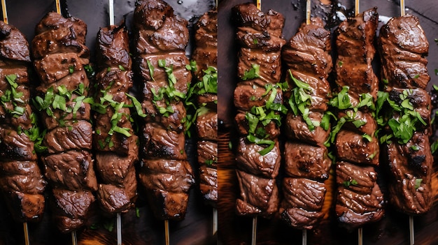 beef kebabs on wooden skewers The beef is brown and slightly charred and garnished with cilantro