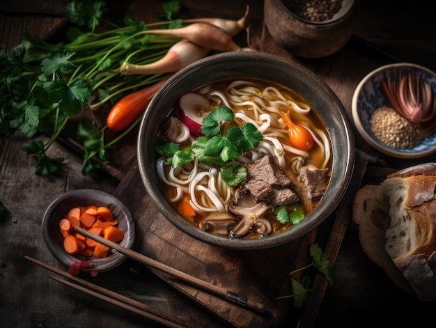 Beef Noodle Soup in a rustic kitchen Food photography