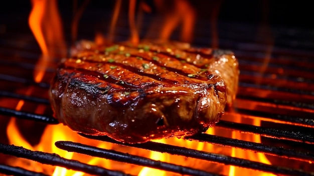 Beef ribeye steak grilling on flaming Generative AI