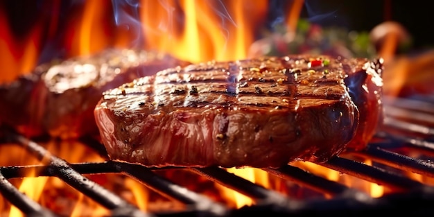 Beef ribeye steak grilling on a flaming grill Generative AI