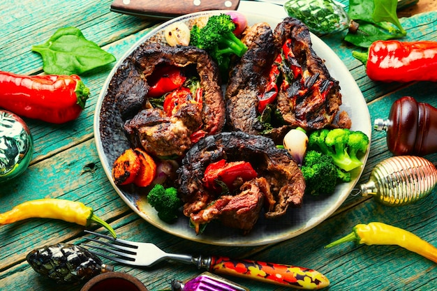 Beef roll stuffed with vegetables. Festive christmas food.Meatloaf.