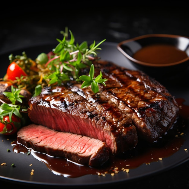 Beef Steak on Black Plate Close