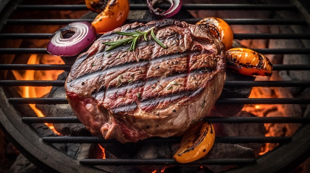 Beef steak on the grill with flames