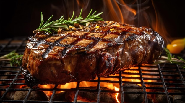 Beef steak on the grill with smoke and flames