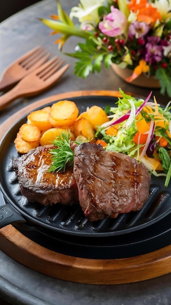 Beef steak on mini grill pan served with fried potatoes fresh salad