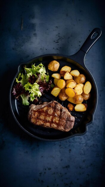 Beef steak on mini grill pan served with fried potatoes fresh salad