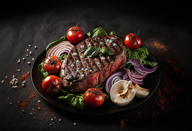 Beef steak product studio photo dark black background fresh tomato salad with onion Generative AI illustration