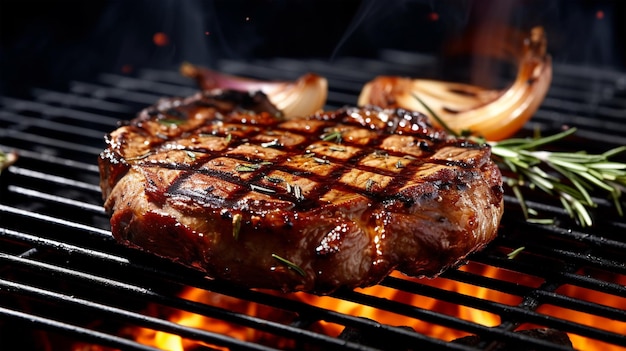 Beef steak sizzling on the grill flame Generated AI