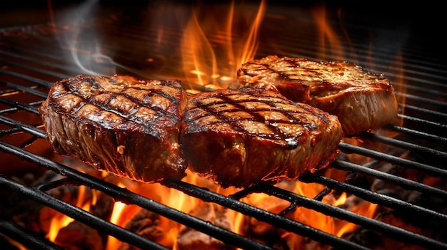 Beef steak sizzling on the grill flame Generated AI