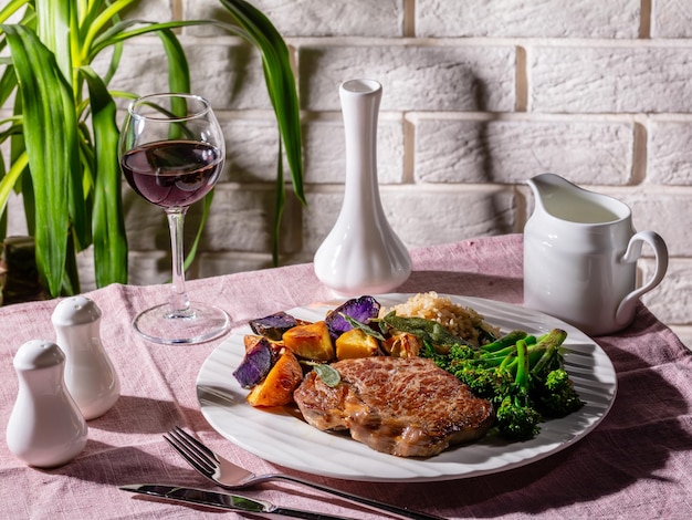 Beef steak with broccolini and potatoes