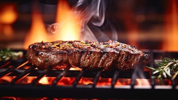 beef steak with brown crust grilled on oven with flame close up and selective focus