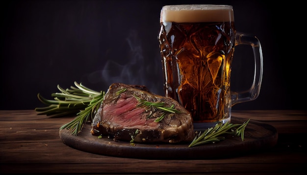 Beef steak with glass of beer and rosemary on a wooden tablegenerative ai