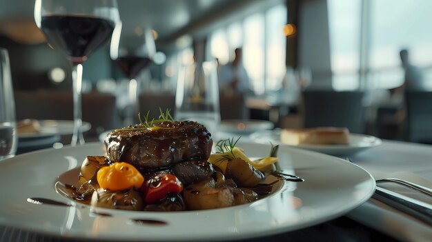 Beef steak with mushrooms and vegetables on a white plate in a restaurant Generative AI