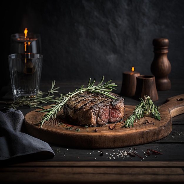 Beef steak with rosemary sprigs on a wooden board black table Illustration Generative AI