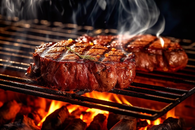 Beef steaks on the grill with flames Generative AI