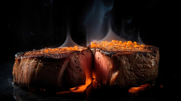 Beef steaks on the grill with flames Generative Ai