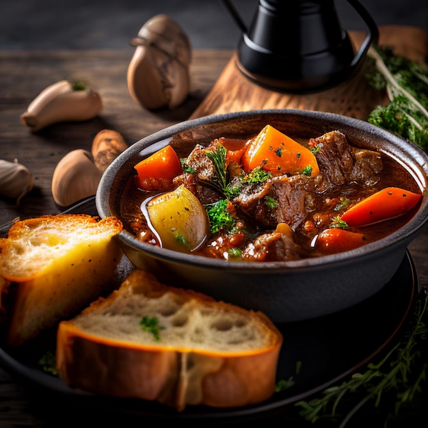 Beef stew portion in a big bowl on the rusty wooden table closeup view goulash dinner with bread tasty meat dish with carrots and potato in wine sauce