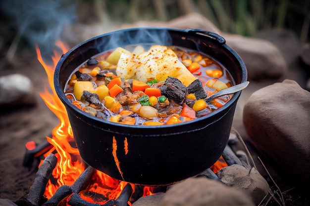 Beef stew with potatoes and carrots in a black pot on a campfire Generative AI