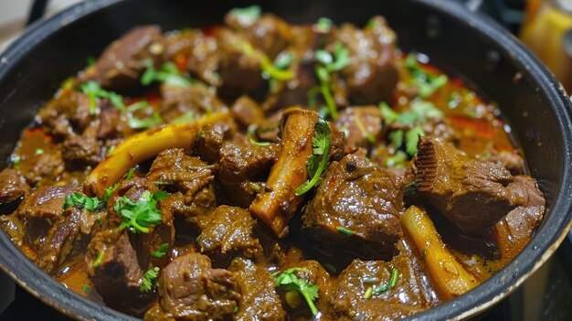 Beef stew with vegetables and herbs in a cooking pot