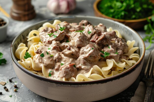 Beef stroganoff with creamy sauce and noodles flying ar 32 style raw stylize 250 Job ID 4e48b594c9da49ca83610e48f02ec5b3