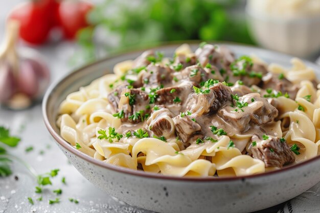 Beef stroganoff with creamy sauce and noodles flying ar 32 style raw stylize 250 Job ID c0811012826340a498150b0d5d548ee7