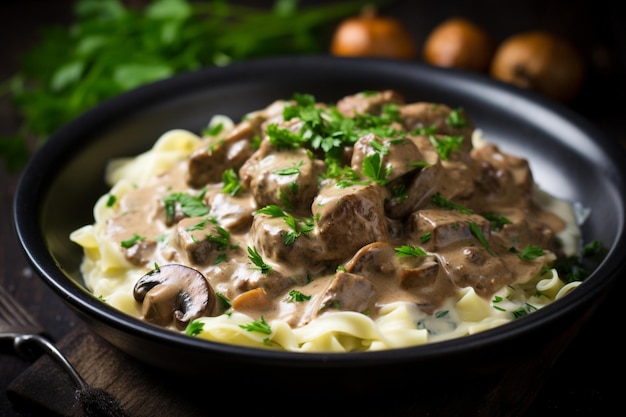 Photo beef stroganoff with a swirl of cream yummy delicious beef stroganoff food image photography