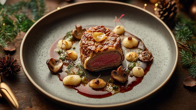 Photo beef wellington deconstruction with seared medallions pastry mushrooms