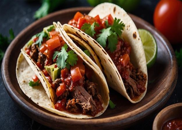 Beeffilled Mexican tacos with tomato sauce and zesty salsa