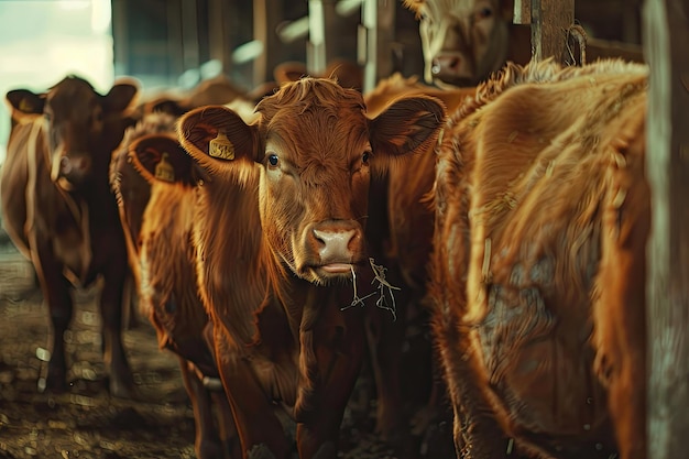 Beefs standing in herd in barn They are eating and looking at camera Ordinary day at organic farm