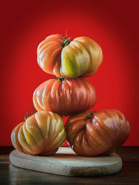 Beefsteak tomatoes with red background