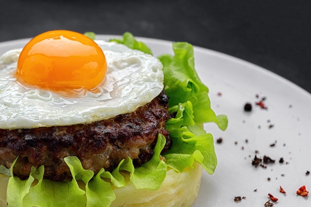 Beefsteak with egg lettuce spices and mashed potatoes Close up