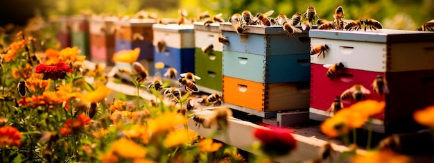 Beehive apiary bees and flowers in the meadow Generative AI animal