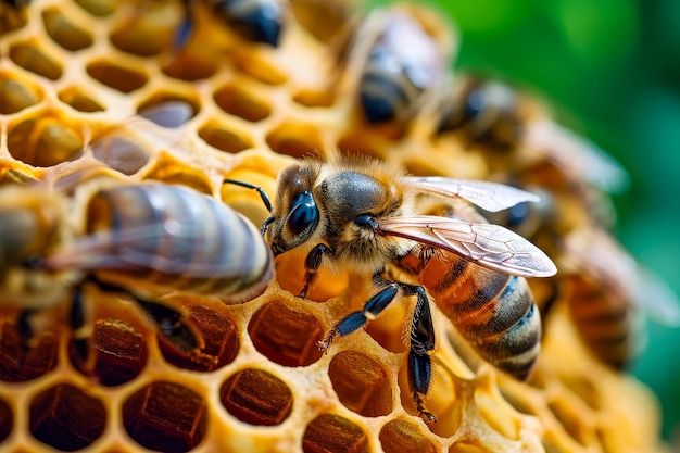 Beehive with closeup of two bees one worker bee and one queen bee