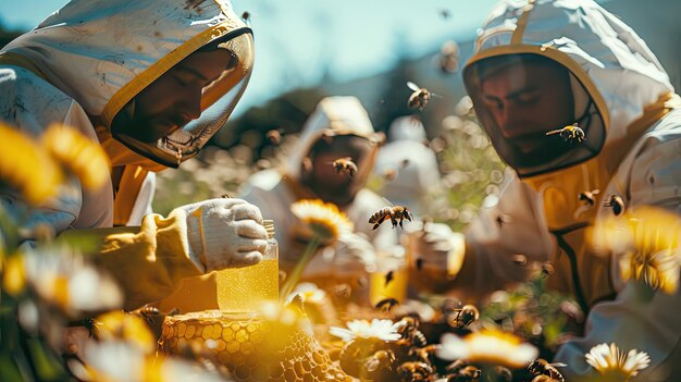 Photo beekeeper in the apiary in a protective suit selective focus